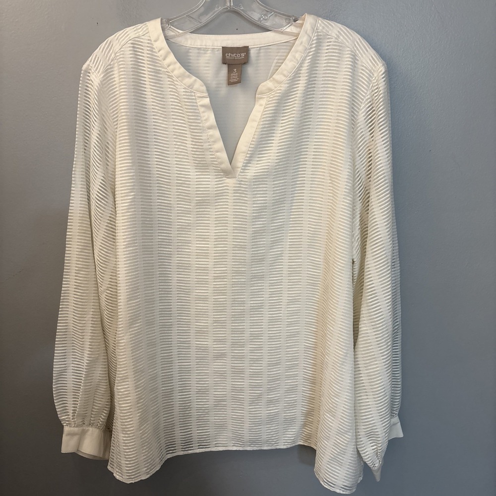 Chico's Ivory V-Neck Striped Crinkled Blouse Size XL  Puff Sleeves Office Career